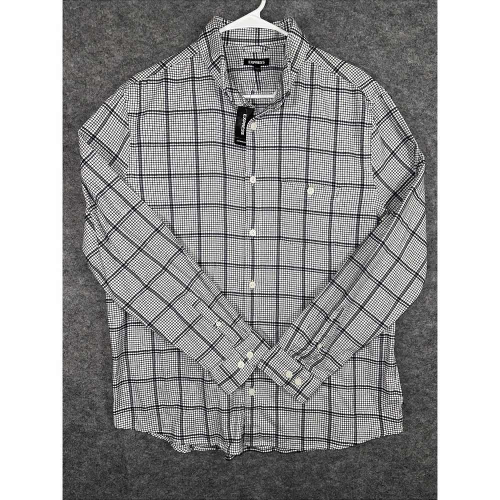 NWT‎ Express Men 97%Cotton Flannel Button Up Shirt Plaid White/Gray/Black